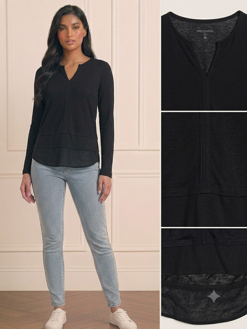 Sanctuary Black Notch-Neck Long Sleeve Layered Top